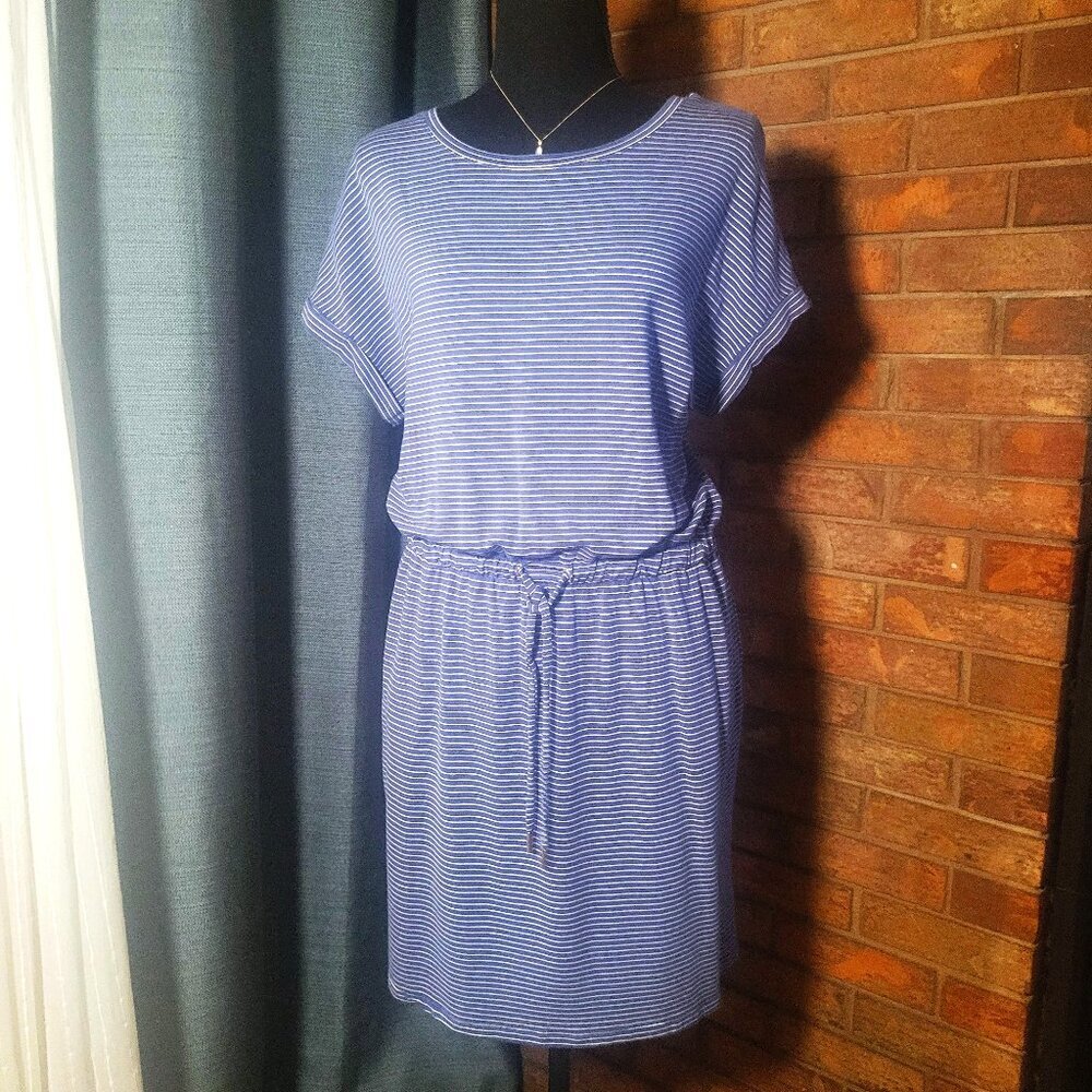 Hilary Radley Blue/White Striped Short Sleeve Drawstring Waist Dress - Size S